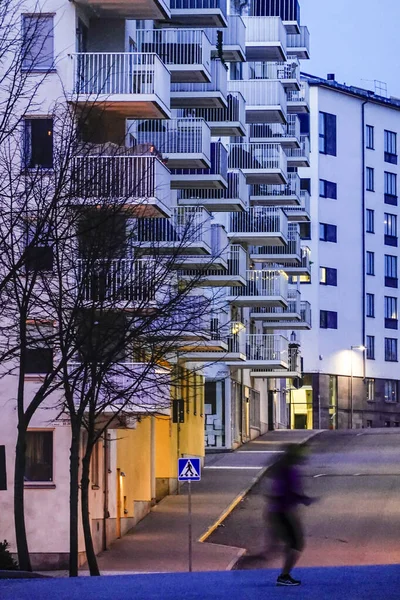 Stockholm Sweden Person Rushes Work Neighbourhood Marievik Dawn — Stock Photo, Image