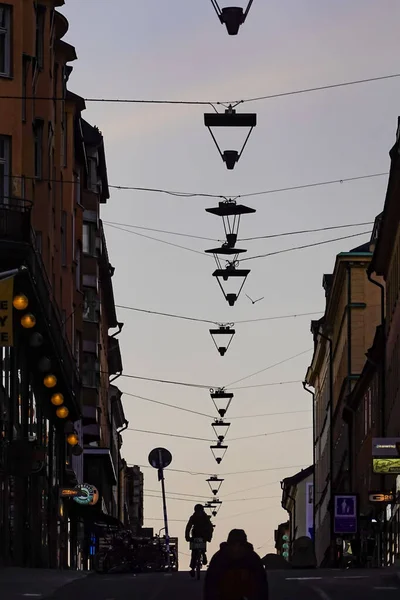 Estocolmo Suecia Colina Gotgatan Isla Sodermalm Por Mañana Temprano Ciclista —  Fotos de Stock