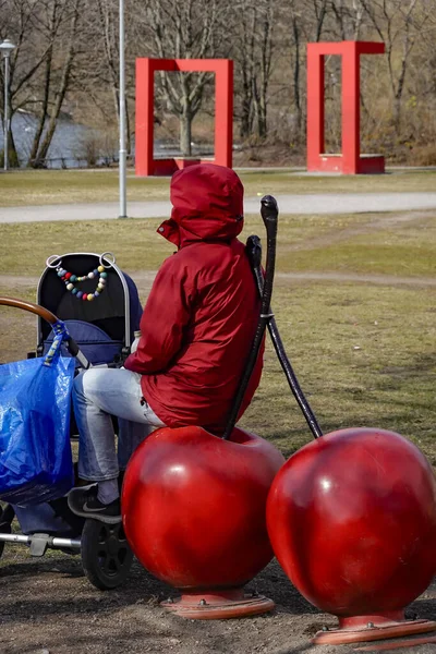 Стокгольм Швеция Женщина Красном Садится Красную Вишню Фруктовом Парке Фехольмене — стоковое фото