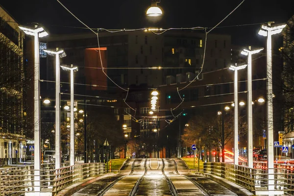 Stockholm Suède Arrêt Tramway Sickla Kaj Nuit — Photo