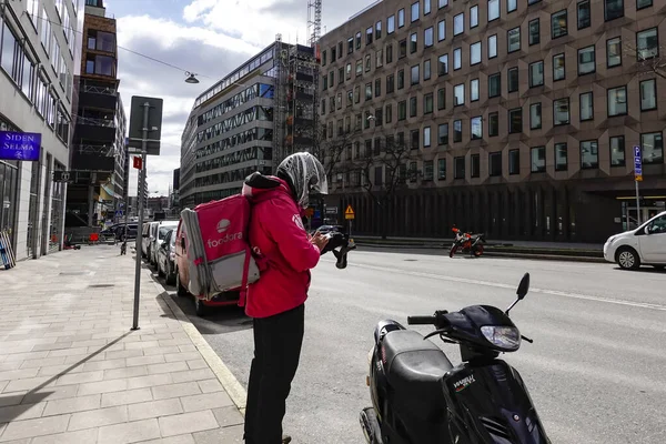 Stockholm Sweden Food Delivery Messenger Downtown Pack Food — Stock Photo, Image