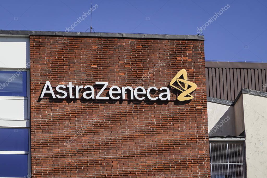 Sodertalje, Sweden  Logo and sign of the AstraZeneca pharmaceutical company and production facility
