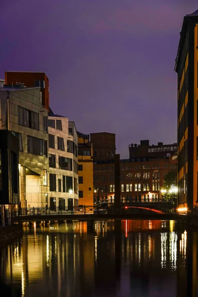 Norrkoping Sweden Illuminated Bergsbron Motala Strom River Old Industrial Mill — стокове фото