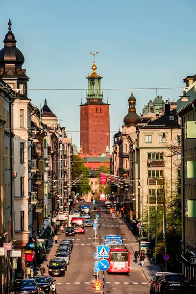 Stockholm Svédország Városháza Naplementekor Hantverkargatan Utca — Stock Fotó