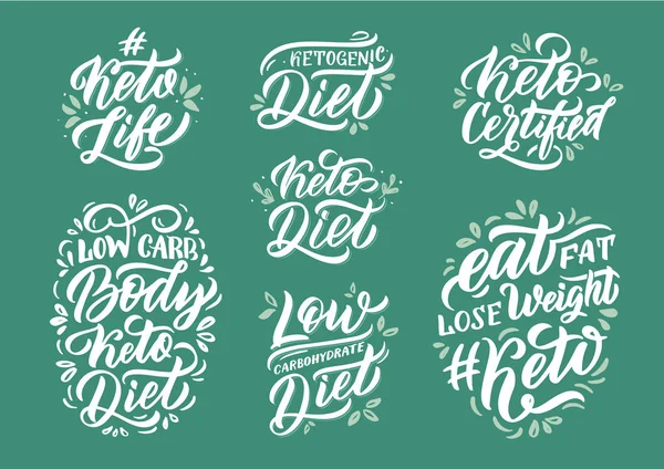 Hand drawn logo set.Phrases for ketogenic diet. Doodle design for poster, postcard, banner, signboard. Vector illustration. — Stock Vector