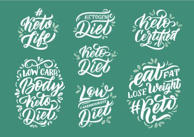 Hand drawn logos, emblems, labels, stamps set. Phrases for ketogenic diet. clipart