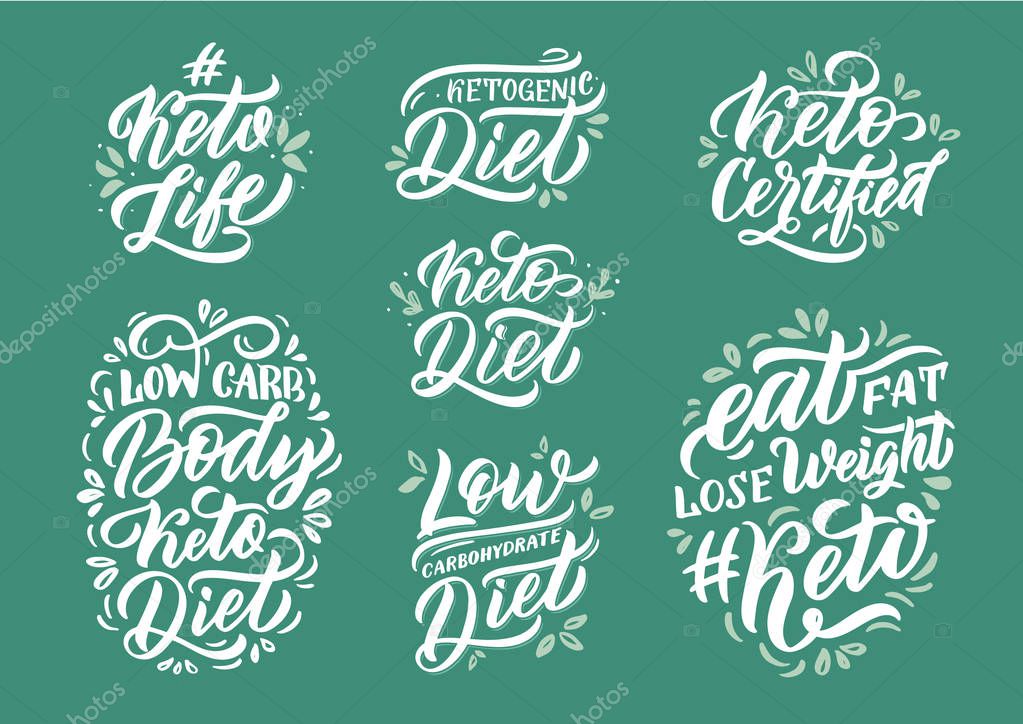 Hand drawn logos, emblems, labels, stamps set. Phrases for ketogenic diet.