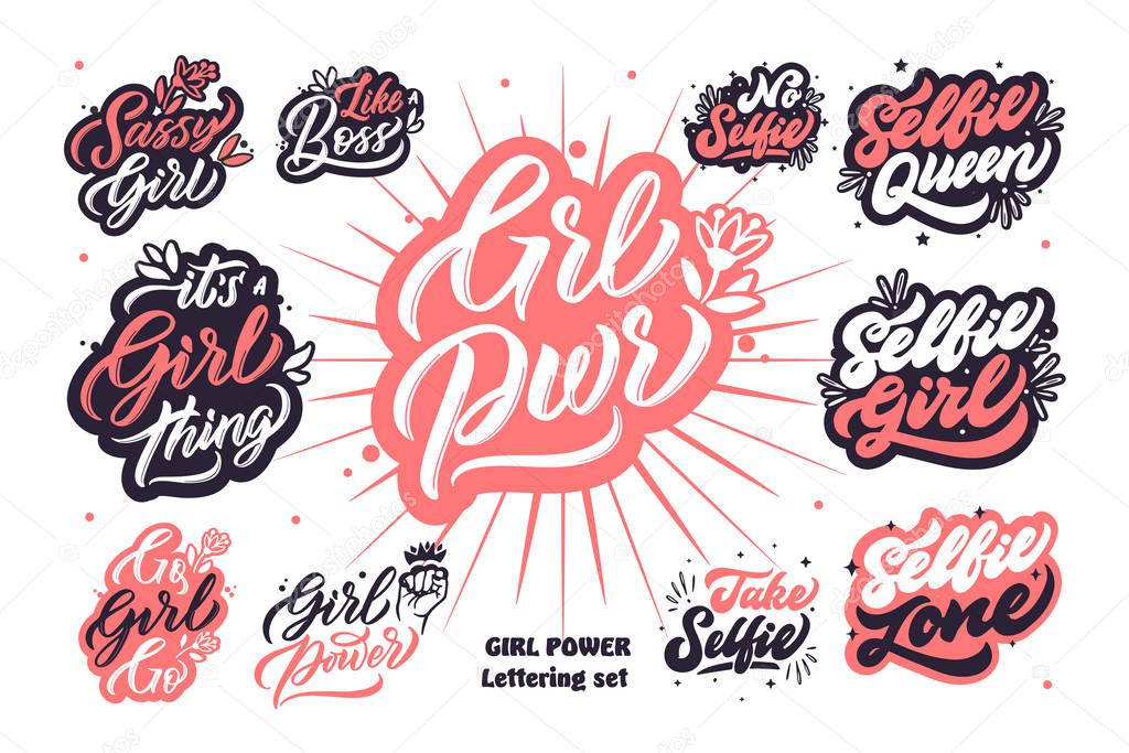 Grl pwr and selfie girl phrases. Girl power calligraphy bundle. Design elements, emblems, labels, badge, stickers, stamps.