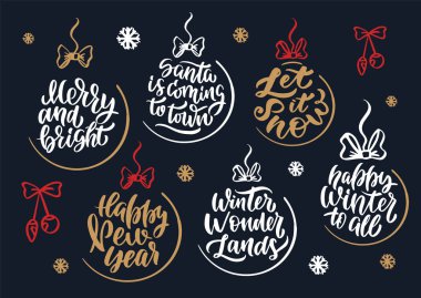 Yılbaşı el yazısı seti. Xmas harfleri. Top silueti, etiketler, amblemler, rozetler, pullar, logolar, cümleler.