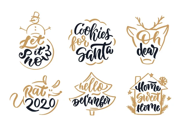 Christmas hand drawn lettering collection, silhouette, labels, emblems, badges, stamps, logos, phrases. — Stock Vector