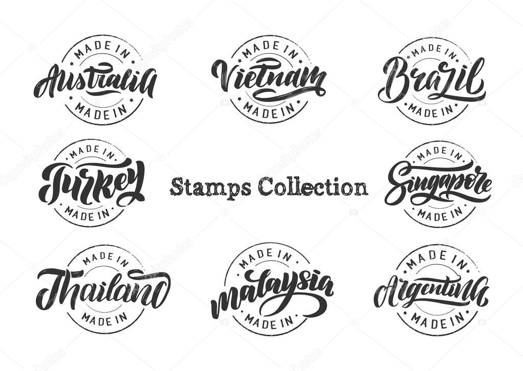 Set logo travel stamp, lettering, calligraphy. Logos for stamp, Logos for stamps, labels, emblems,  badges, stickers.  Vector illustration eps 10