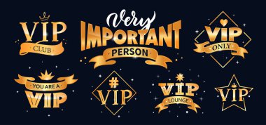 Vip harfleri, logo koleksiyonu. Ağ pankartları için altın renginde yaratıcı kompozisyonlar