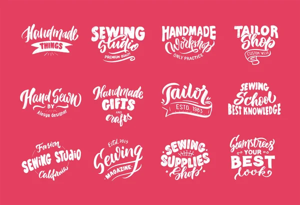 Maatwerk, naaien, handgemaakt logo, zinsdelen, collectie. Vector illustratie wit ingesteld op roze achtergrond — Stockvector