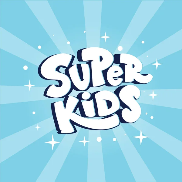 Logotipo da zona das crianças, banner Super Kids no fundo azul com raios . —  Vetores de Stock