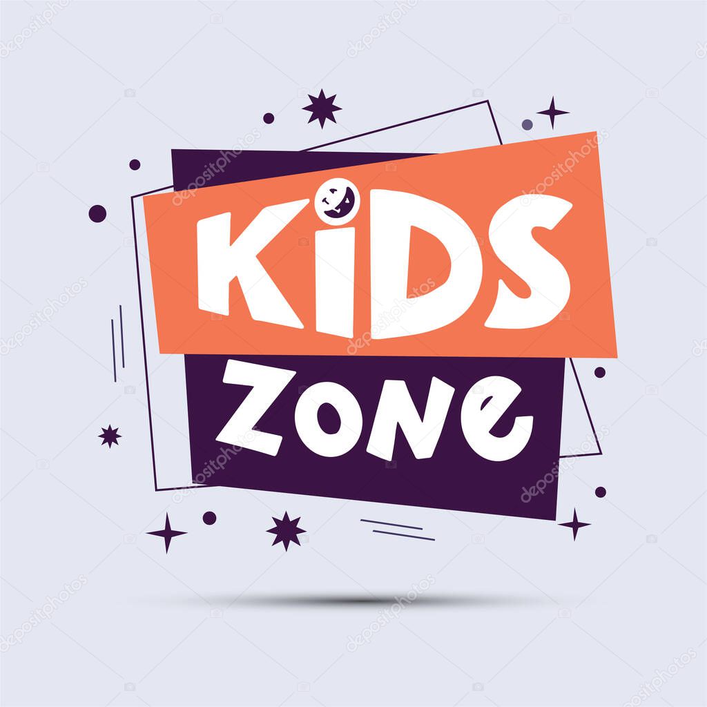 Kids zone logo, banner, sticker, icon on geometric form. Hand drawn lettering composition in style for childrens area. Design for poster, background, postcard, banner, signboard. Print on cup, bag