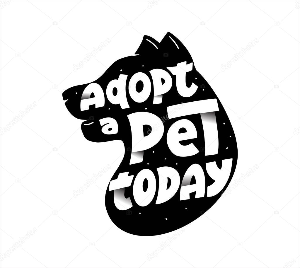 Domestic animals adoption slogan vector logo design. Pet shelter motto lettering with trendy paper cut effect. Vet clinic logotype with black dog silhouette. Homeless, stray animals center emblem