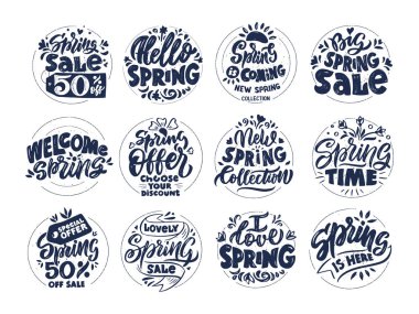 Mevsimlik satış siyah mürekkep harfleri vektör logoları ayarlandı. Bahar satışı promosyon stili çıkartmaları
