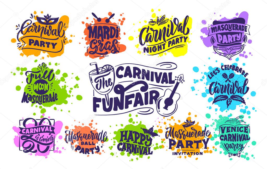 Carnival collection emblems, labels,  badges, logos, stamps, phrases, lettering compositions. Big set of Festival, night party, masquerade, ball with texture effect. Vector illustration.