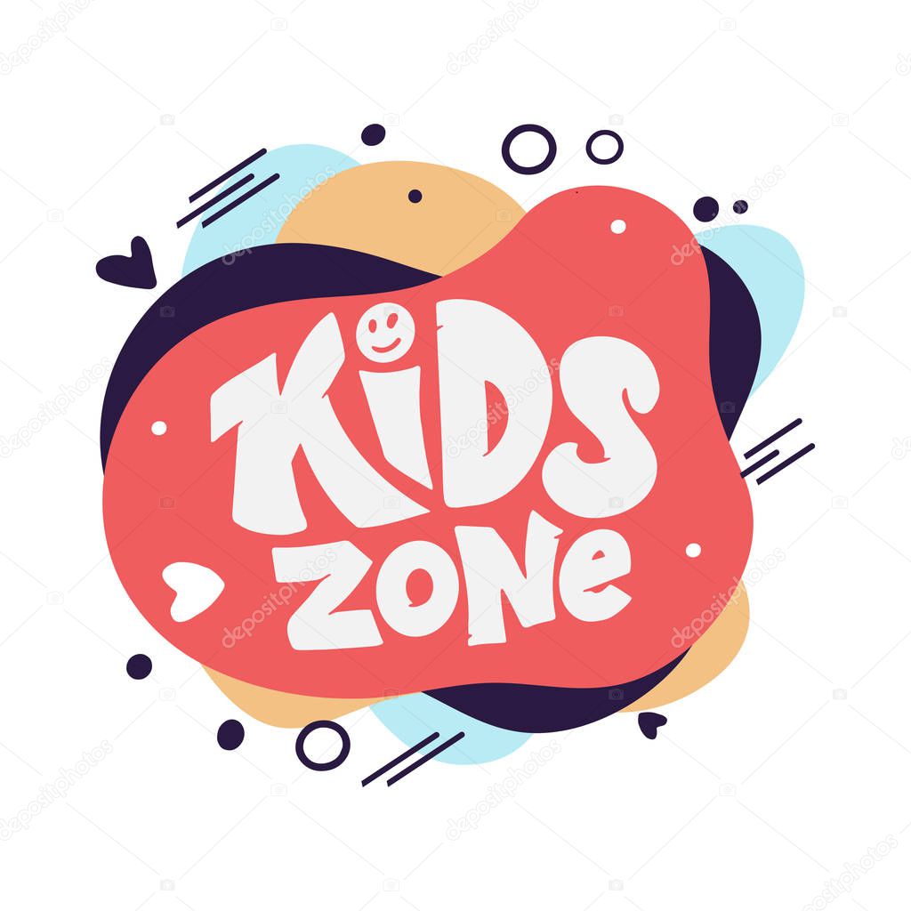 Kids zone logo on modern abstract liquid form. Hand drawn lettering composition for childrens area. Design for poster, background, postcard, banner, signboard. Print on cup, bag, shirt, package