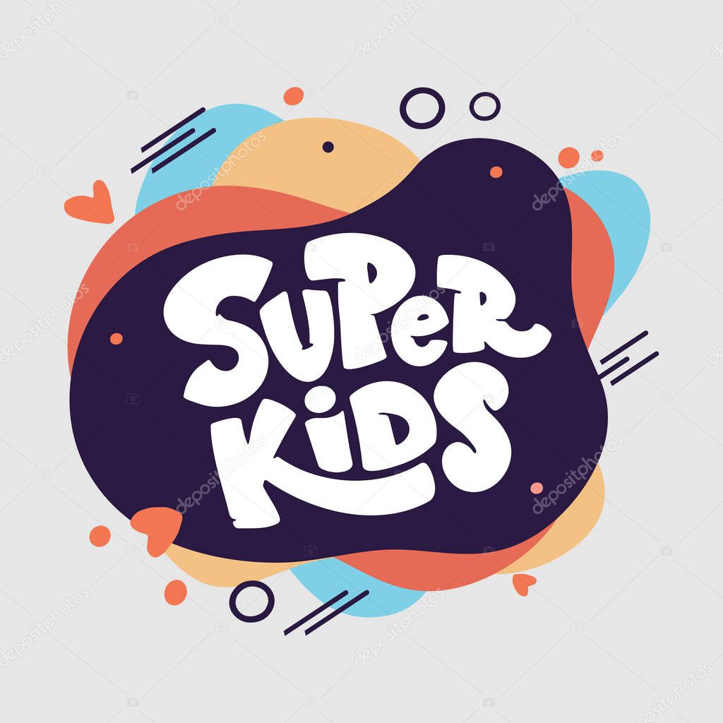 Kids zone logo on modern abstract liquid form. Hand drawn lettering composition in 3d cartoon style for childrens area. Design for poster, background, postcard, banner, signboard. Print on cup, bag