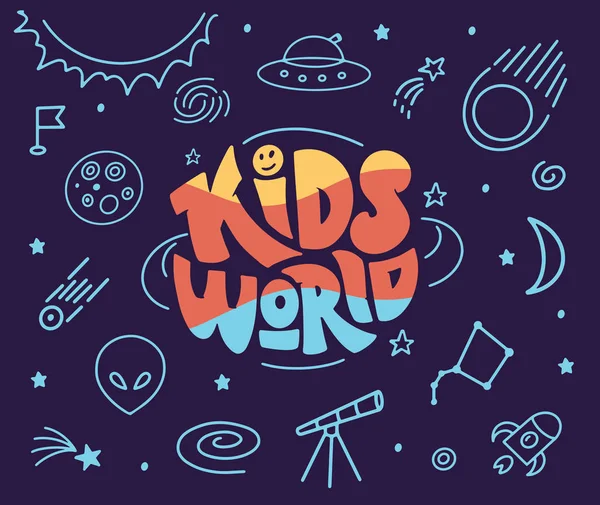 Çocuk dünyası logosu ve karalama simgeleri. El çizimi harf kompozisyonu — Stok fotoğraf