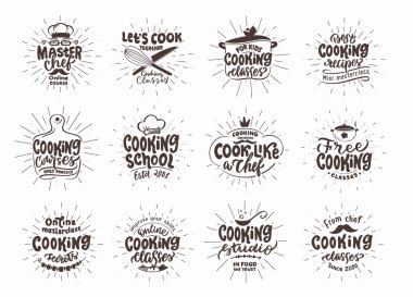 Hadi pişirelim. Antika el yapımı rozetler, etiketler ve logo unsurları, semboller, cümleler, aşçılık okulu için sloganlar, aşçılık stüdyosu