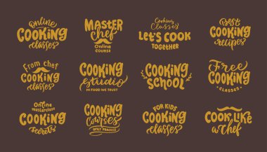 Yemek pişirmek. Antika el yapımı rozetler, etiketler ve logo öğeleri, semboller, cümleler, aşçılık okulu için sloganlar, sooking studi