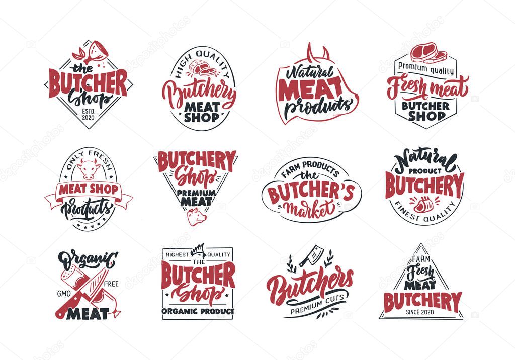 Butchery, Meat shop, fresh meat, emblems, stamps. Set of retro handmade badges, labels and logo elements, symbols, phrases, slogans