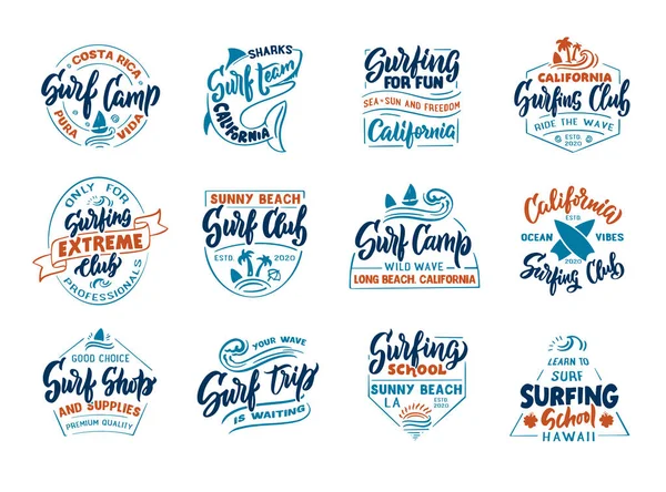 Set of vintage Surfing. Retro emblems, badges, logos, phrases, slogans, stamps. — Stock Vector