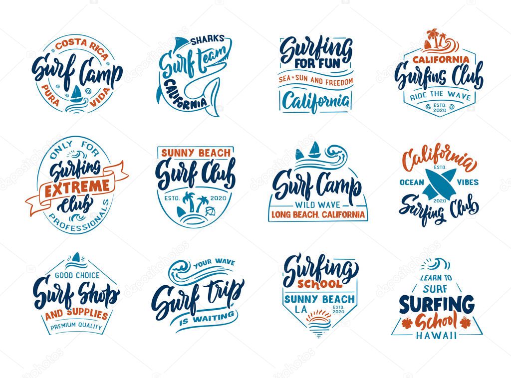 Set of vintage Surfing. Retro emblems, badges, logos, phrases, slogans, stamps.