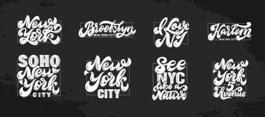 New York el yazısı seti. Şehir için beyaz ifadeler.