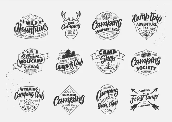 Conjunto de emblemas y sellos vintage Wolfcamp y Camping. Tienda de campaña, insignias al aire libre, plantillas — Vector de stock