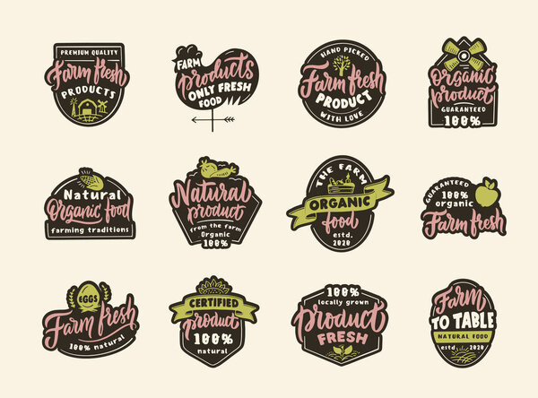 Набор винтажных ферм и эмблем свежих продуктов и штампов. Органические пищевые наклейки
