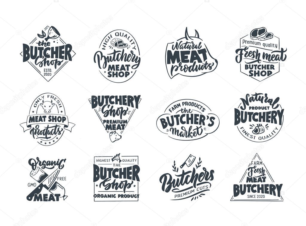 Butchery, Meat shop, fresh meat, emblems, stamps. Set of retro handmade badges, label