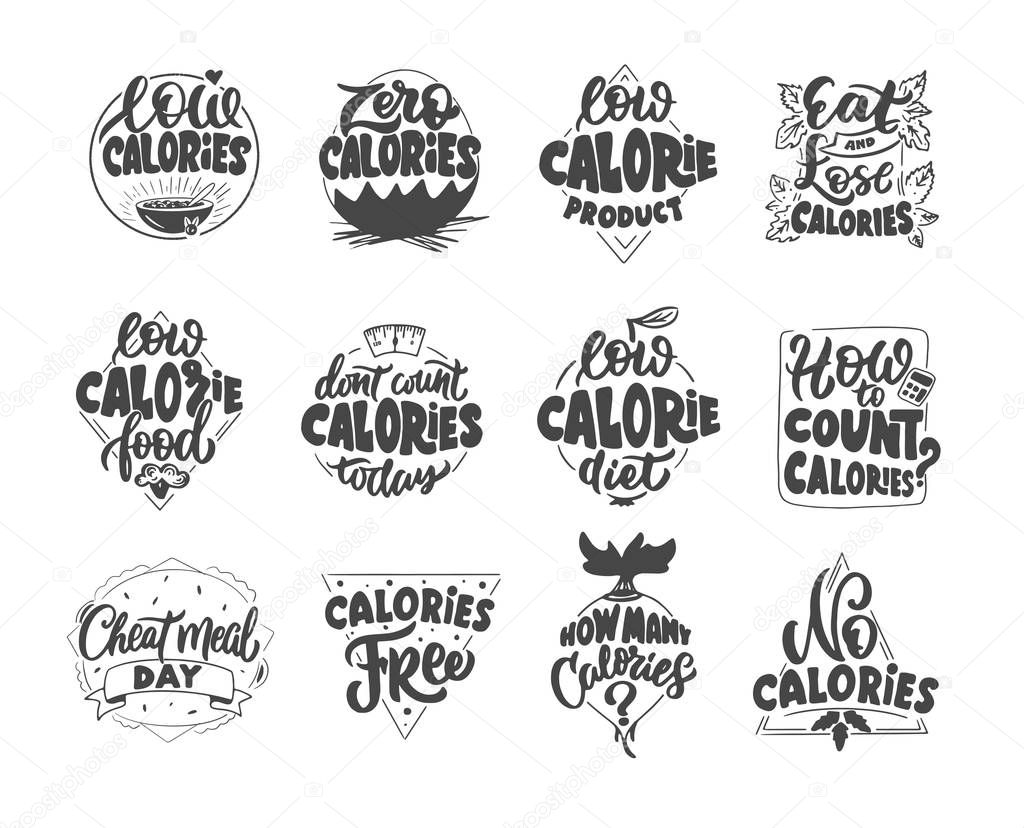 Set of vintage Low and Zero calories emblems and stamps. Diet badges, templates and stickers on white background. Collection of retro logos with hand-drawn text and phrases. Vector illustration