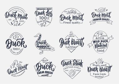 Set of vintage Duck and meat emblems and stamps. Farm badges, templates and stickers