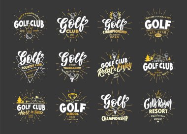 Klasik golf amblemleri ve pulları. Golf kulübü için spor rozetleri, şablonlar ve çıkartmalar