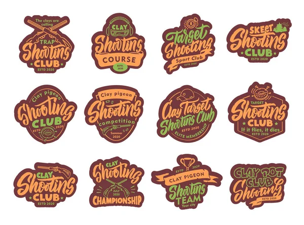 Set of Clay Shooting stickers, patches. Colorful badges, emblems, stamps for club on white background — Stock Vector
