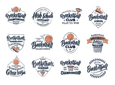 Antika basketbol amblemleri ve pulları. Basketbol kulübü, okul, lig rozetleri.