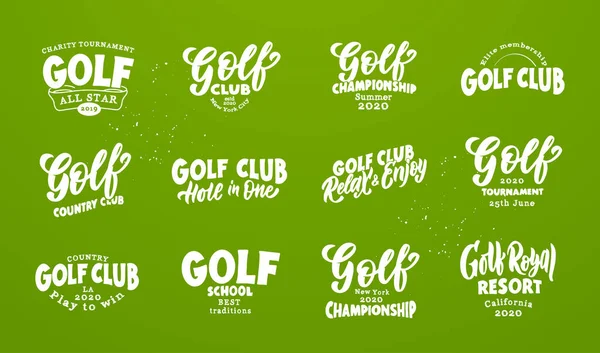 Conjunto de frases vintage de Golf. emblema blanco, insignias, plantillas y pegatinas para el club de golf, escuela sobre fondo verde — Vector de stock