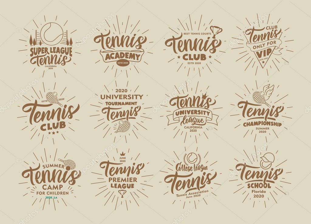Set of vintage Tennis emblems and stamps. Sport badges, templates and stickers for Tennis club, school. Collection of retro logos with rays, hand-drawn text and phrases. Vector illustration
