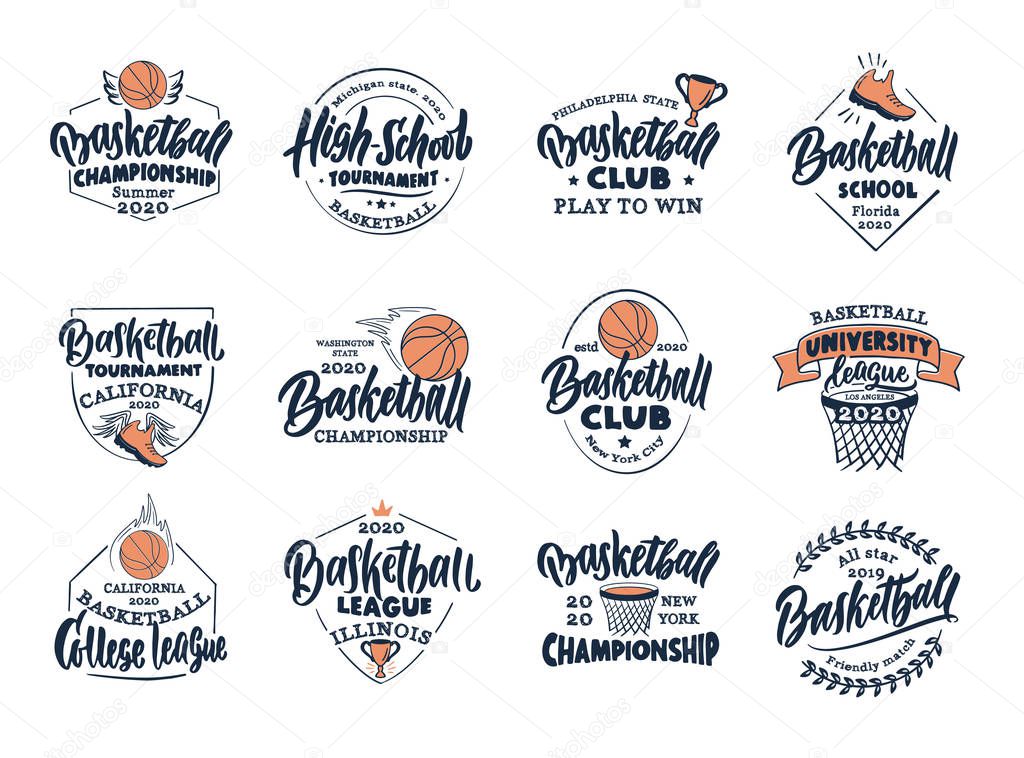 Set of vintage Basketball emblems and stamps. Basketball club, school, league badges, templates and stickers. Collection of retro sport logos with hand-drawn text and phrases. Vector illustration