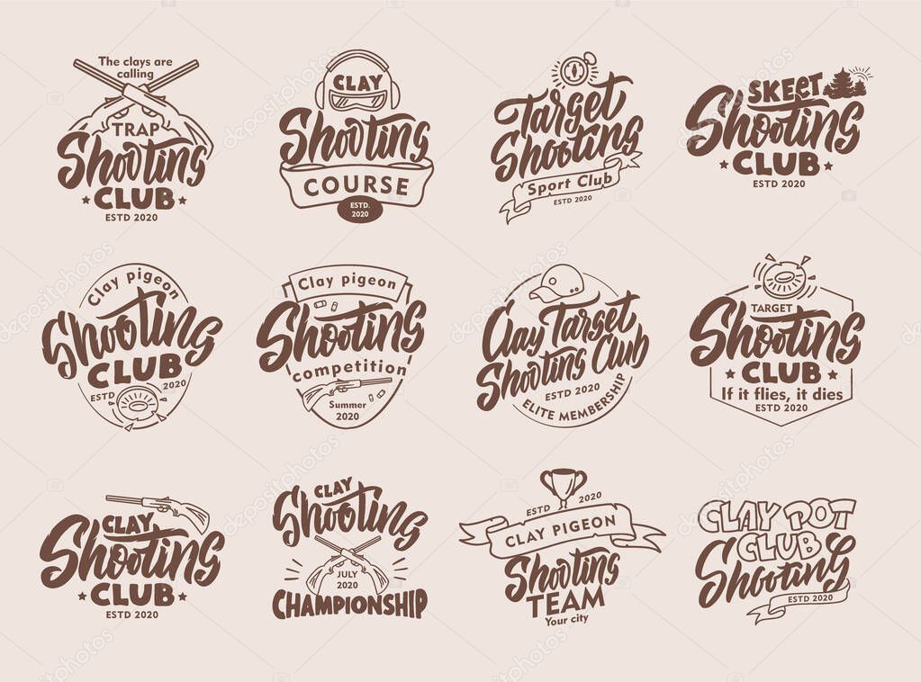 Set of vintage Clay Shooting emblems and stamps. Sports badges, templates and stickers for club. Collection of retro logos with hand-drawn text and phrases. Vector illustration