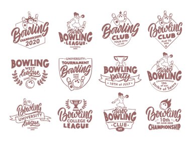 Klasik bowling amblemleri ve pulları. Spor rozetleri, beyaz arkaplandaki çıkartmalar izole edildi