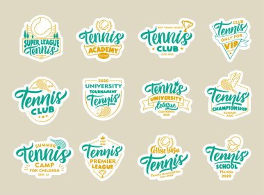 Tenis çıkartmaları, yamalar. Spor renkli rozetler, amblemler, tenis kulübü için pullar, okul.