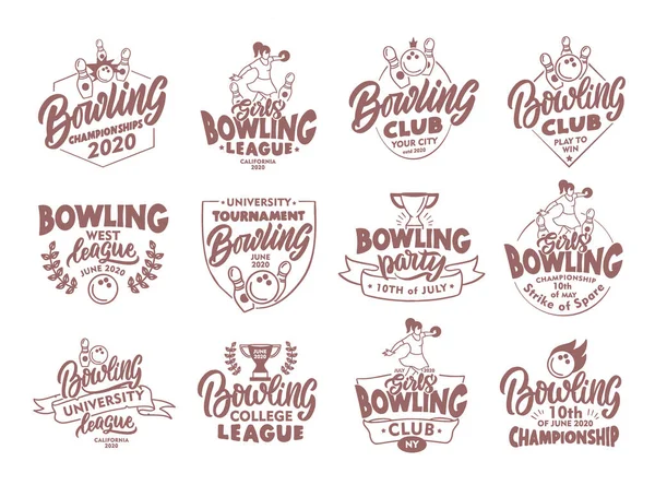 Klasik bowling amblemleri ve pulları. Spor rozetleri, beyaz arkaplandaki çıkartmalar izole edildi