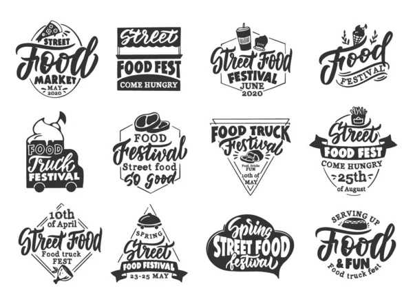 Conjunto de emblemas y sellos de comida de la calle vintage. Insignias del festival de comida negra, pegatinas sobre fondo blanco aisladas — Vector de stock