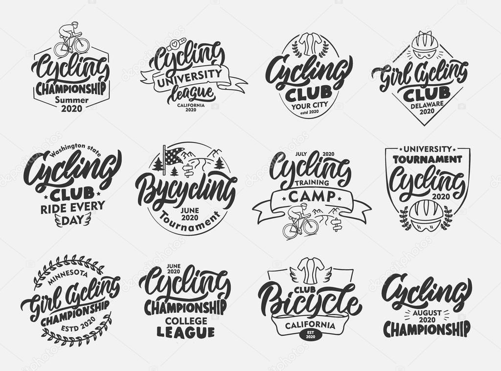 Set of vintage Cycling, Bicycle emblems and stamps. Black sport badges, stickers on white background isolated. Collection of retro logos with hand-drawn text, phrases. Vector illustration