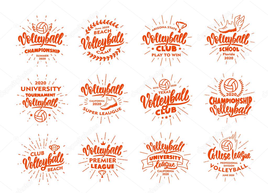 Set of vintage Volleyball emblems and stamps. Sport badges, templates and stickers for Volleyball club, school. Collection of retro logos with rays, hand-drawn text and phrases. Vector illustration