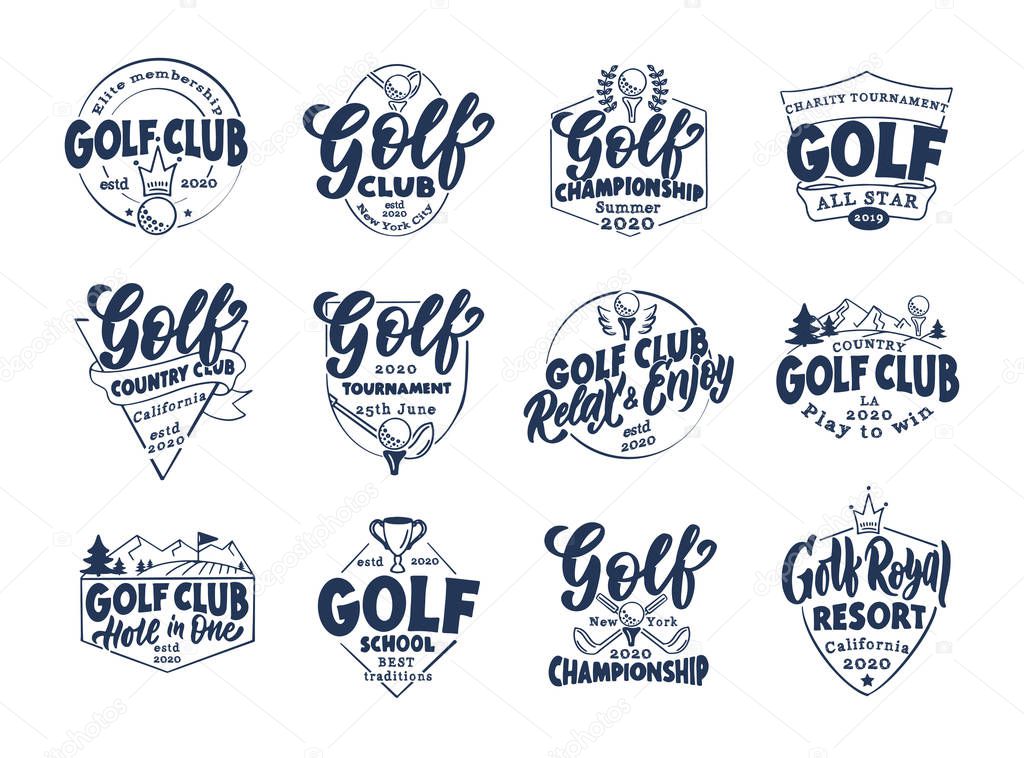 Set of vintage Golf emblems and stamps. Badges, templates and stickers for club, school on white background. Collection of retro logos with hand-drawn text and phrases. Vector illustration